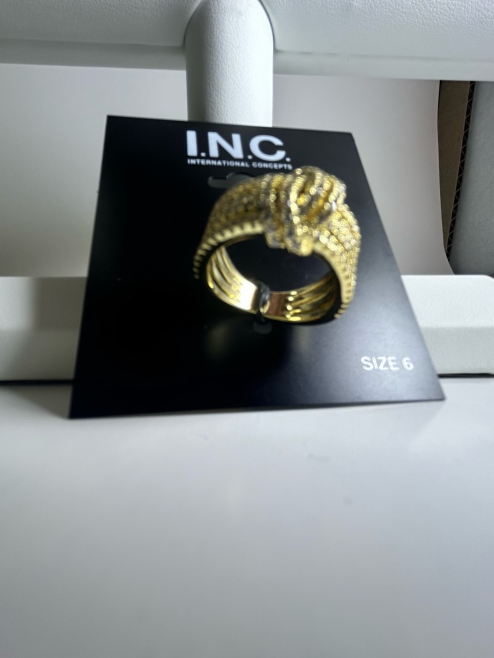 INC International Concepts Gold-Tone Knotted Multi-Row Crystal Ring - Picture 7 of 8